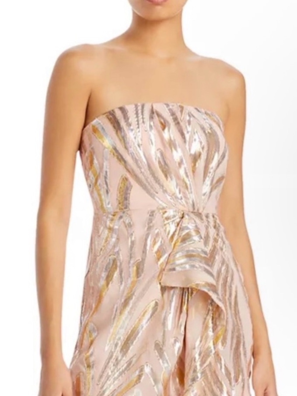 Ramy Brook Strapless Pink Dress with Metallic Gold & Silver Print